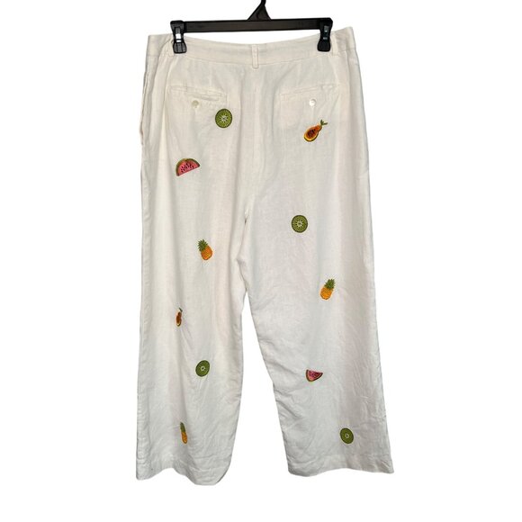 Jillian Jones Wide-Leg Linen Pants Cropped Women’s Sz 12 White Fruit Embroidery - Picture 2 of 15
